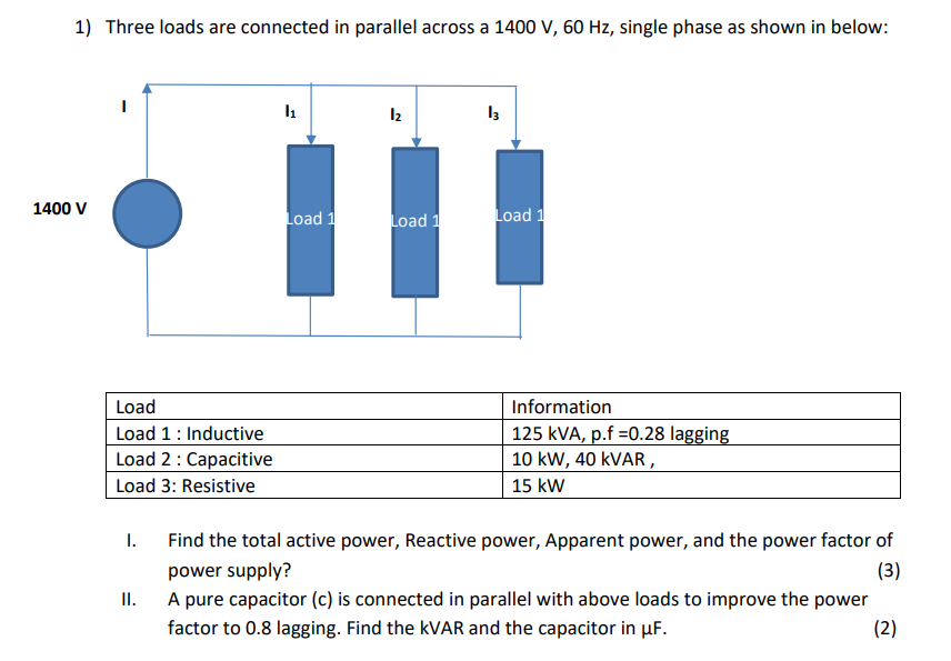 Solved 1) Three loads are connected in parallel across a | Chegg.com