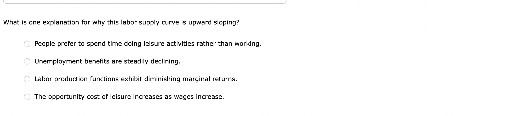 What is one explanation for why this labor supply curve is upward sloping?
People prefer to spend time doing leisure activiti