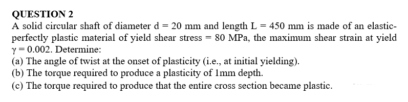 Solved = = QUESTION 2 A solid circular shaft of diameter d = | Chegg.com