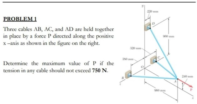 Solved PROBLEM 1 Three cables AB, AC, and AD are held | Chegg.com