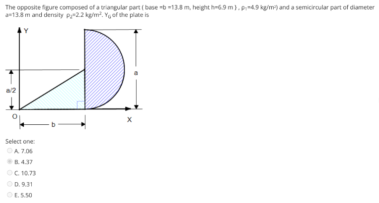 The opposite figure composed of a triangular part (base =b=13.8 m, height h=6.9 m }, p?=4.9 kg/m²) and a semicircular part of