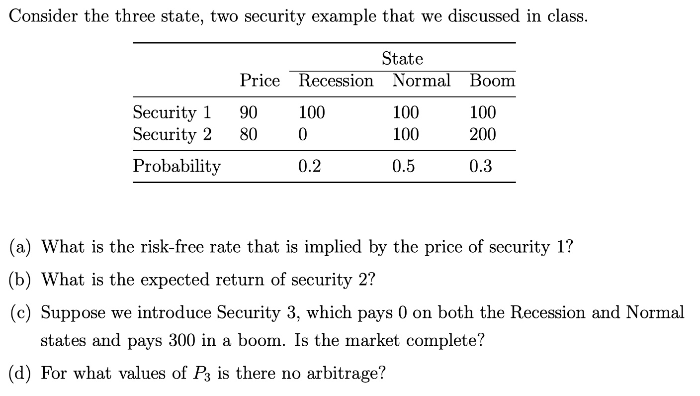Consider the three state, two security example that | Chegg.com