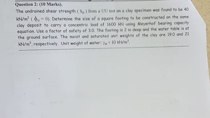 Solved Question 2: (10 Marks). The undrained shear strength | Chegg.com