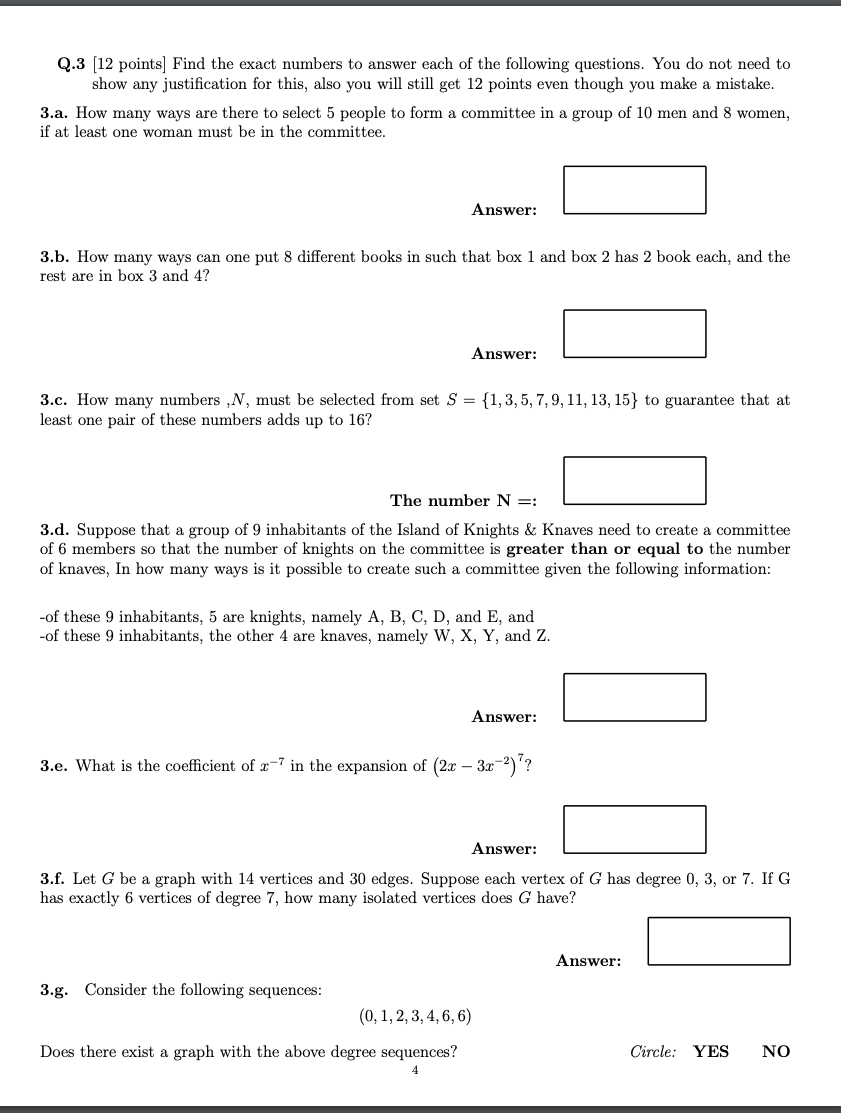 Solved 3 [12 Points] Find The Exact Numbers To Answer Each 