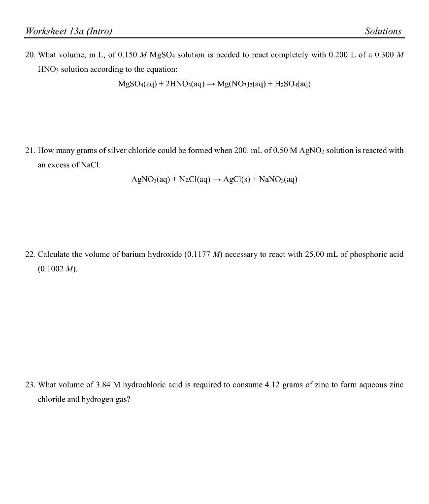 Solved Worksheet 13a (Intro) Solutions 20. What volume, in | Chegg.com