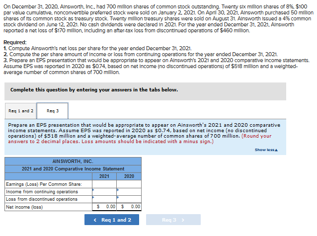 Solved On December 31 2020 Ainsworth Inc Had 700 Chegg