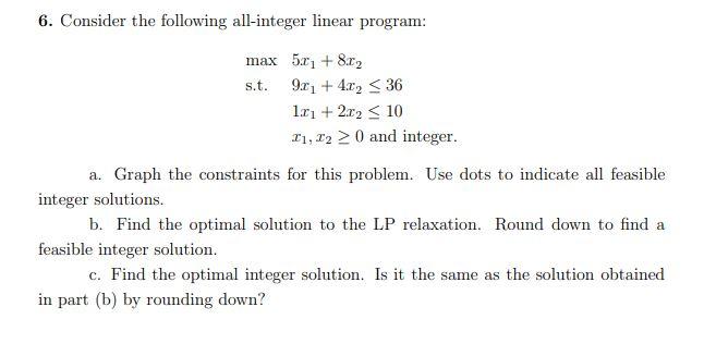 Solved 6. Consider the following all-integer linear program: | Chegg.com