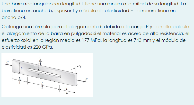 Una barra rectangular con longitud \( L \) tiene una ranura a la mitad de su longitud. La barratiene un ancho b, espesor \( †