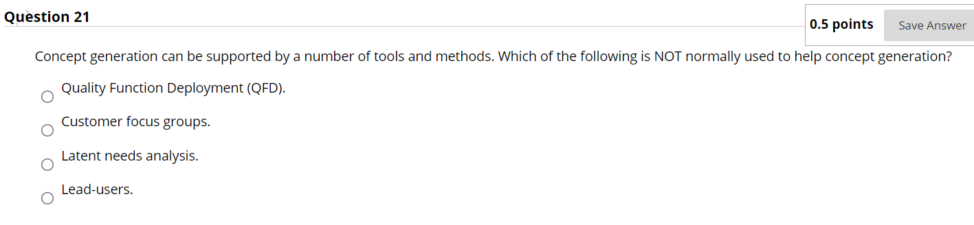 Solved Question 21 0.5 points Save Answer Concept generation | Chegg.com