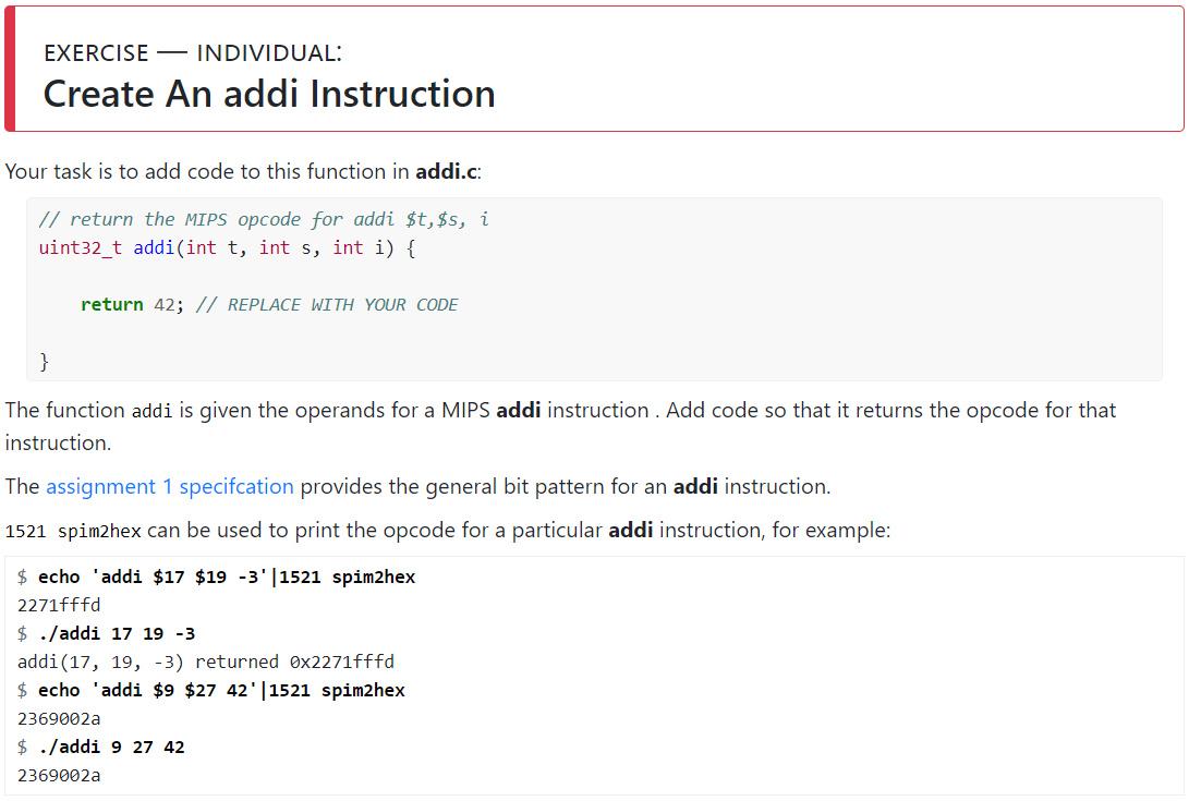 EXERCISE INDIVIDUAL: Create An addi Instruction Your | Chegg.com