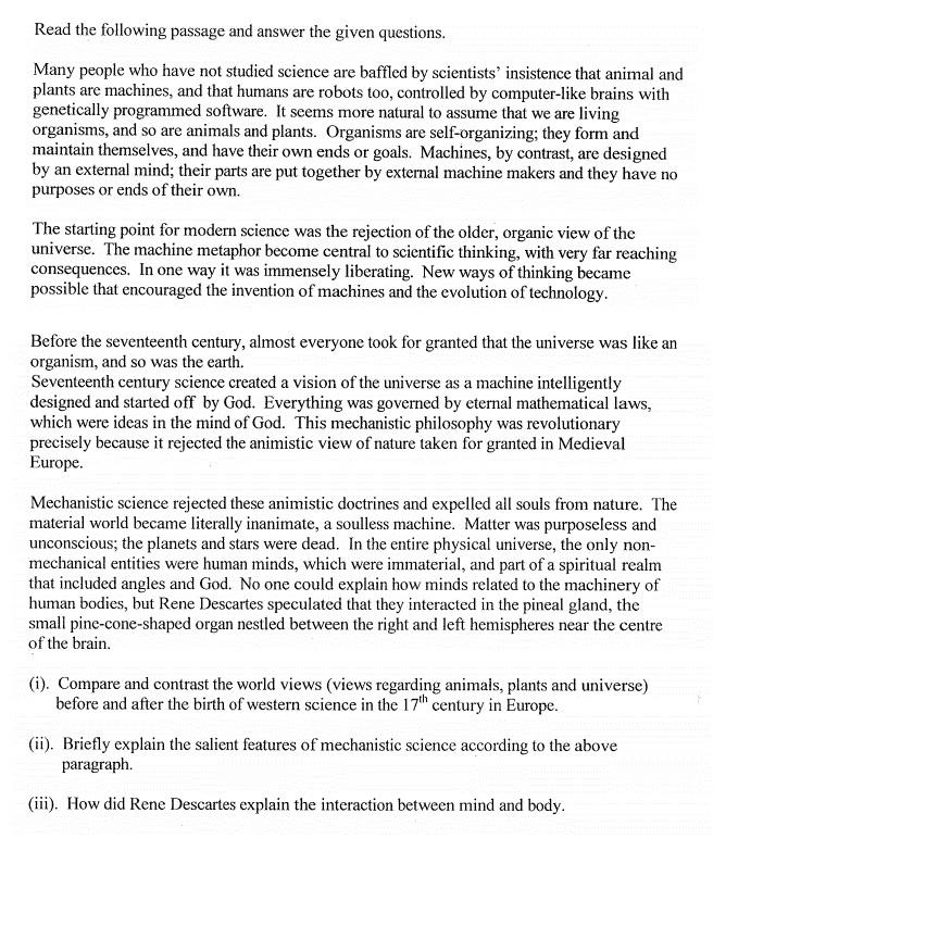 Solved Read The Following Passage And Answer The Given Chegg Com