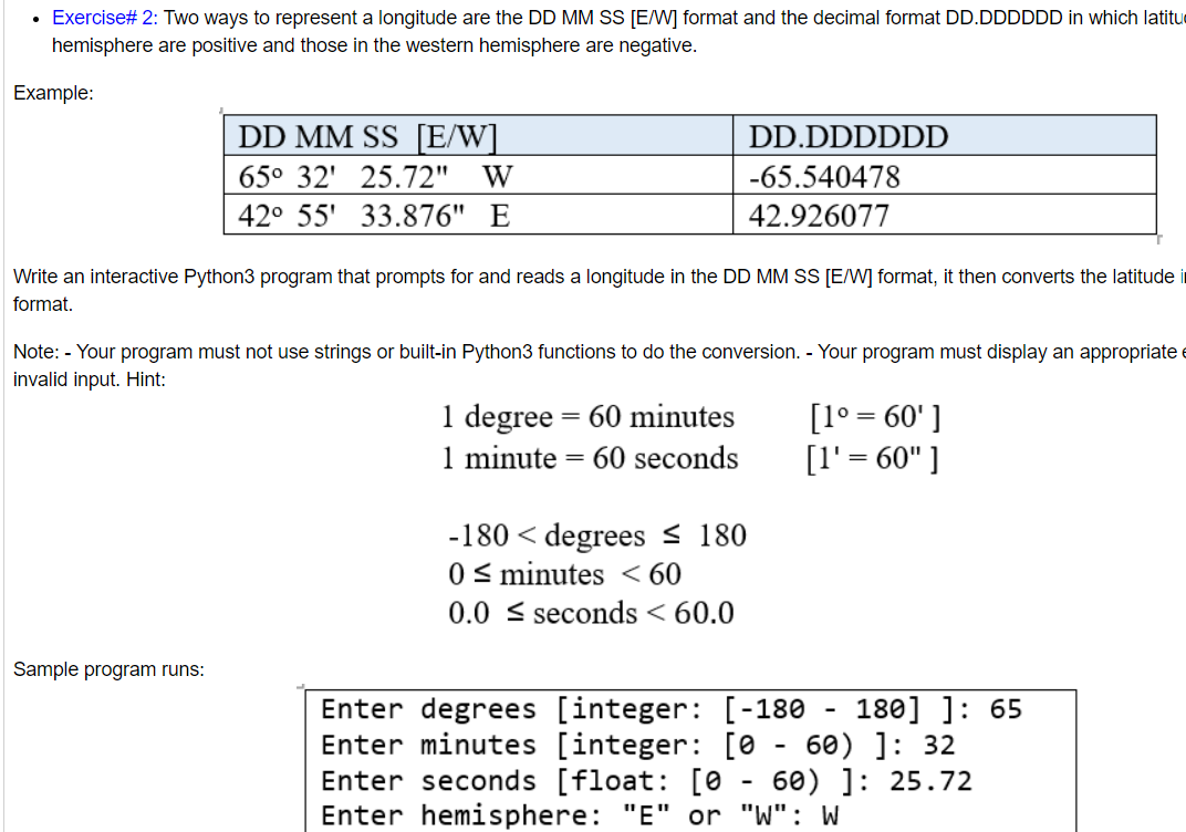 Solved • Exercise# 2: Two ways to represent a longitude are | Chegg.com