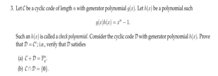 Solved Let C be a cyclic code of length n with generator | Chegg.com