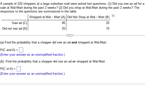 Solved A sample of 220 shoppers at a large suburban mall | Chegg.com