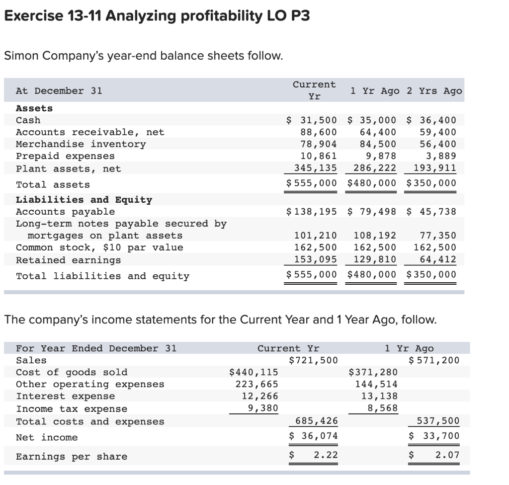 Solved Exercise 13 11 Analyzing Profitability LO P3 Simon Chegg