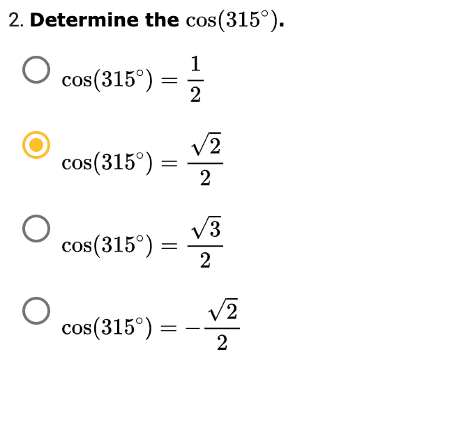 Solve cos 315 without 2025 calculator using full circle