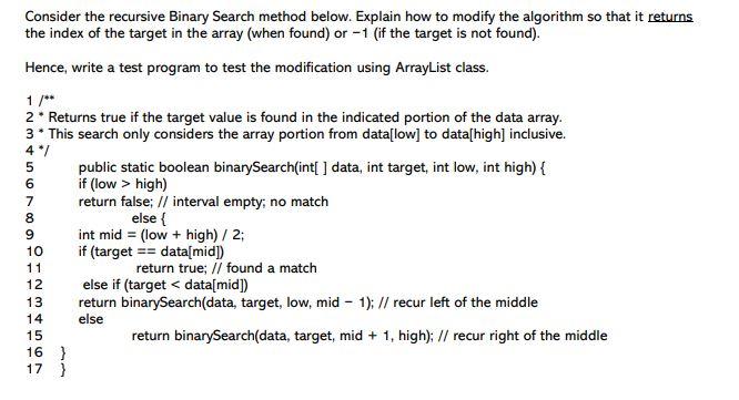 Solved Consider the recursive Binary Search method below. | Chegg.com