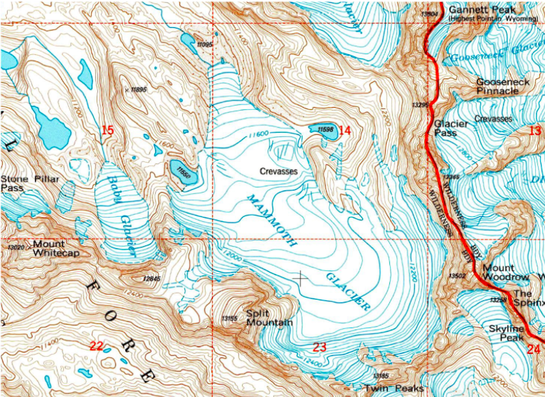 aco
Gannett Peak
Highest Pointin Wyoming
11095
Glaci
Gobserdeck
Gooseneck
Pinnacle
-12200
Glacier Crevasses
15
11598
1/600
P