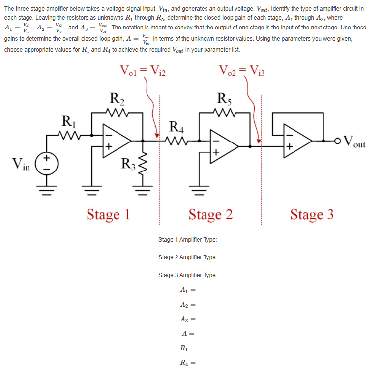 Solved The three-stage amplifier below takes a voltage | Chegg.com