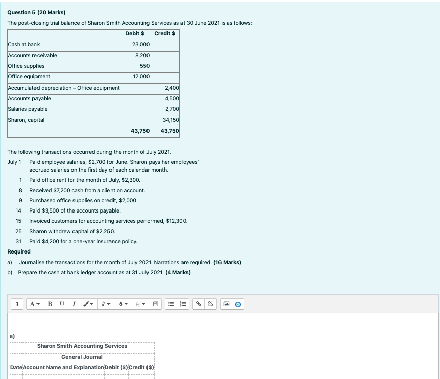 Solved Question 5 (20 Marks) The post-closing trial balance | Chegg.com