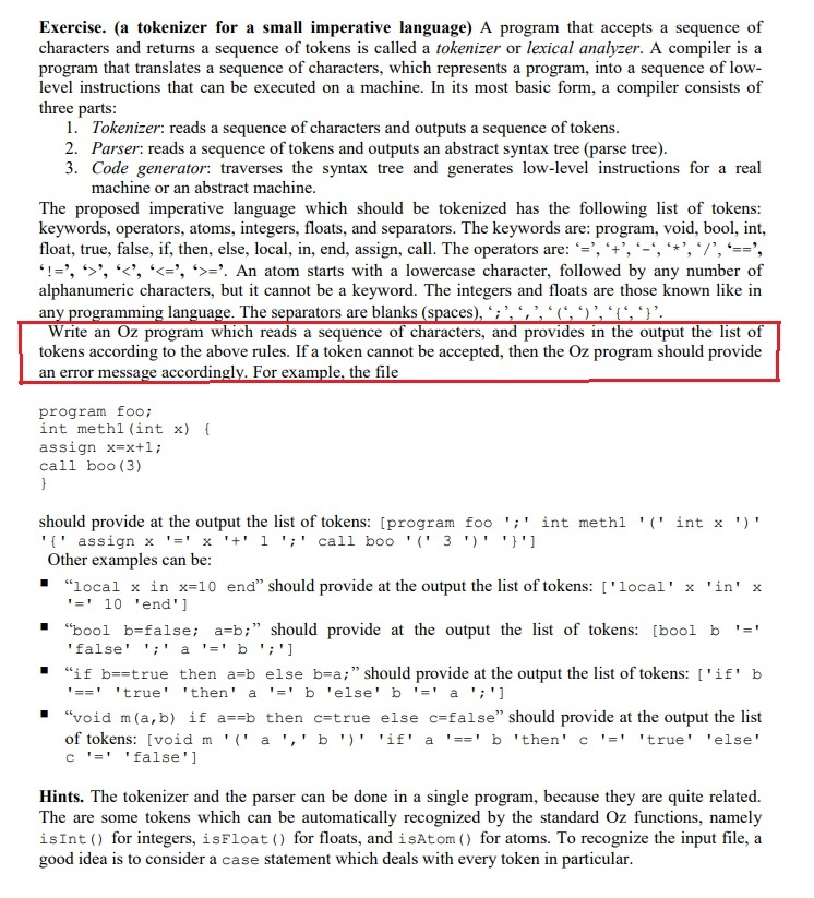 Exercise. (a Tokenizer For A Small Imperative | Chegg.com