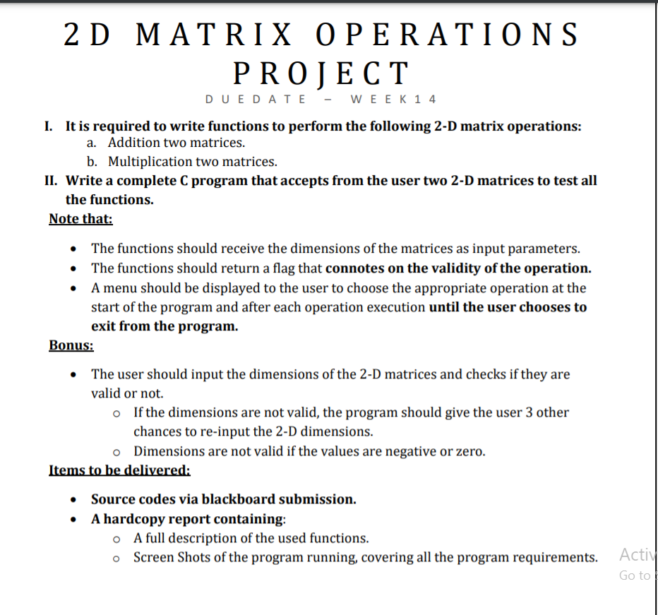 Solved 2 2 D MATRIX OPERATIONS PROJECT DUE DATE - WEEK 1 4 | Chegg.com