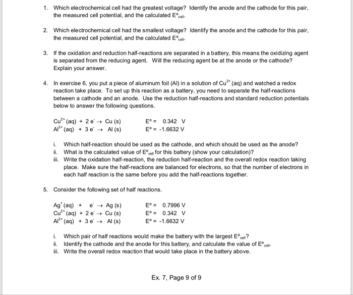 Solved 1. Which electrochemical cell had the greatest | Chegg.com