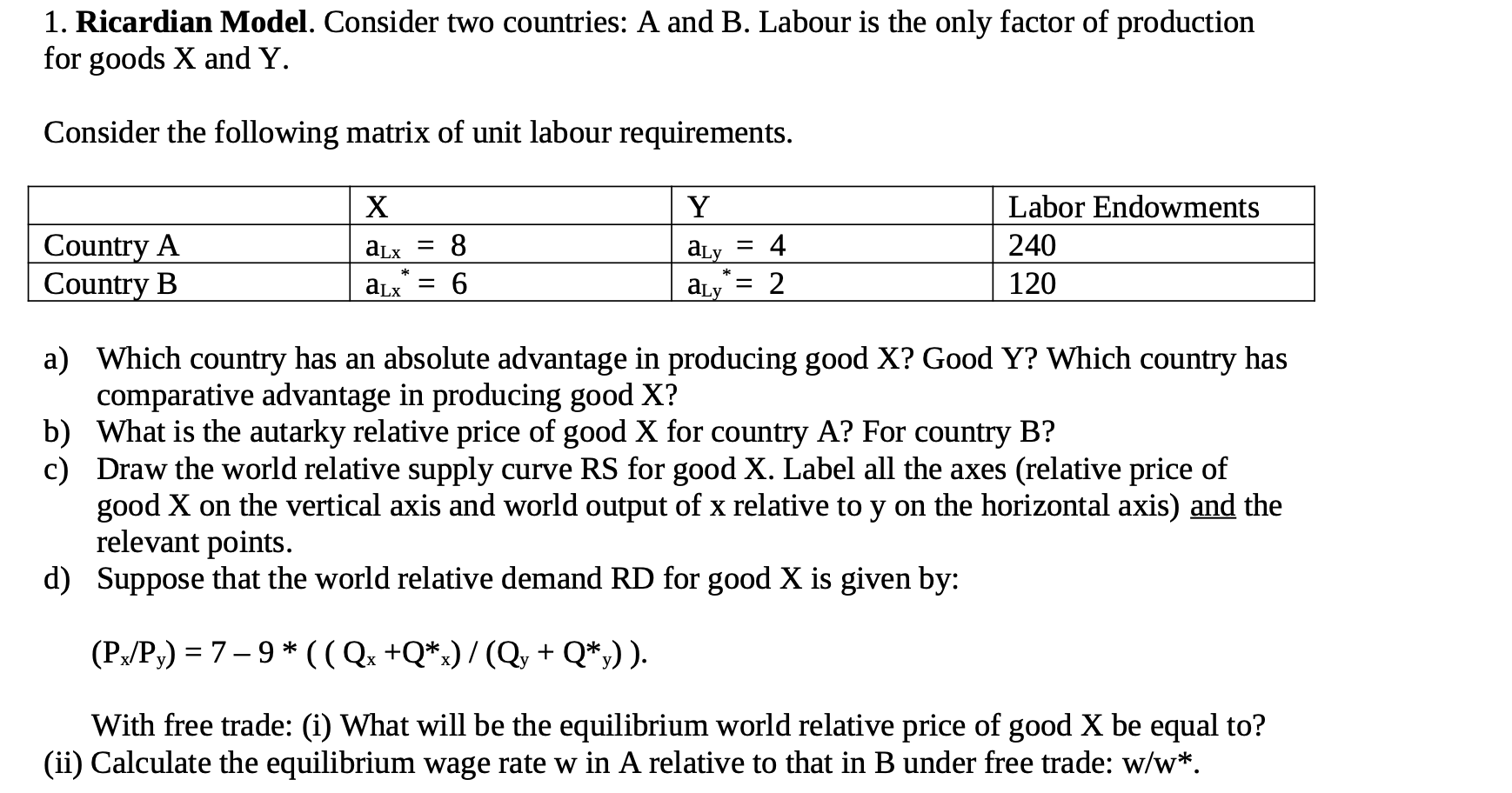 Solved 1. Ricardian Model. Consider Two Countries: A And B. | Chegg.com