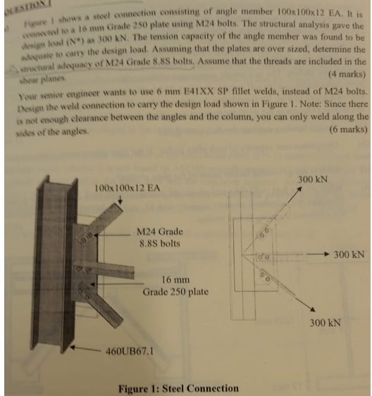 Connection Using Angle Solved Pure I shows a steel connection consisting of angle | Chegg.com