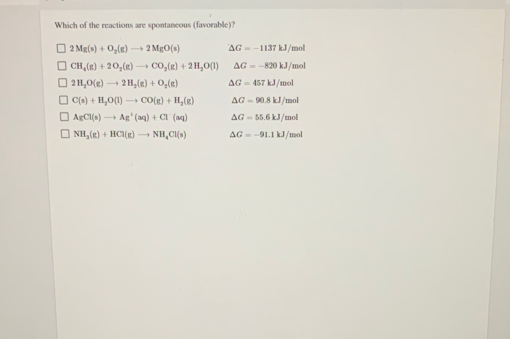 Solved Which Of The Reactions Are Spontaneous (favorable