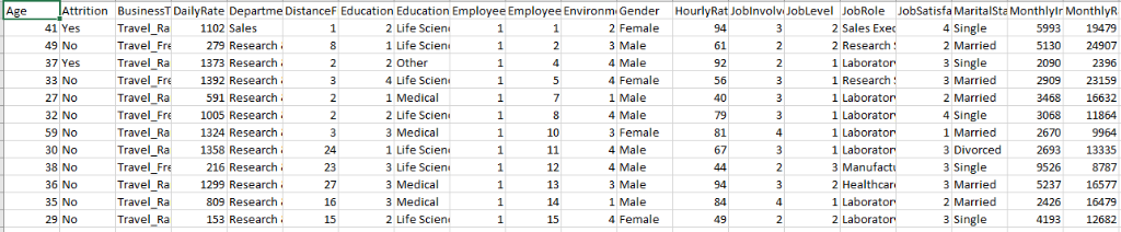 Attrition BusinessT DailyRate Departme DistanceF Education Education Employee Employee Environm Gender HourlyRat Joblnvolv Jo