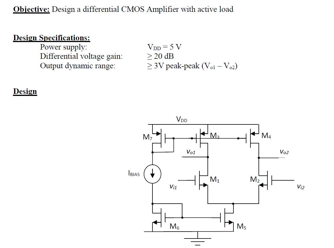 Solved Objective: Design a differential CMOS Amplifier with | Chegg.com