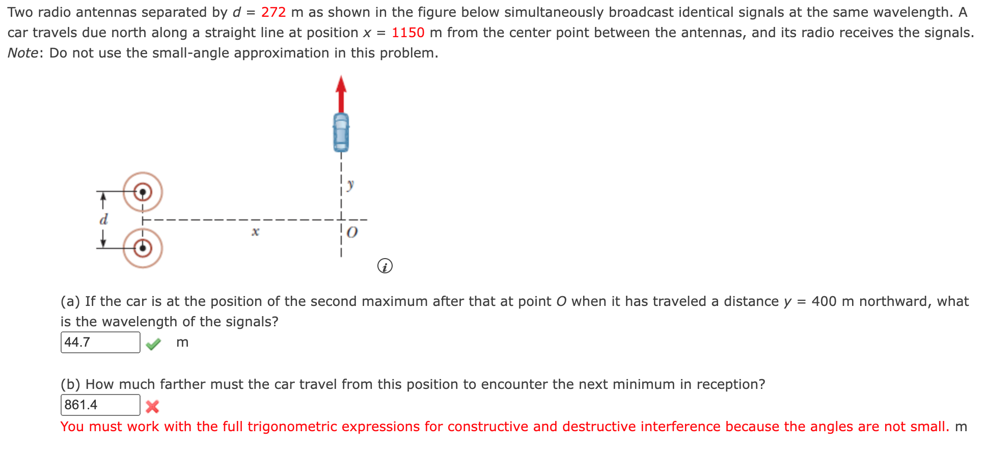 Solved wo radio antennas separated by d=272 m as shown in | Chegg.com