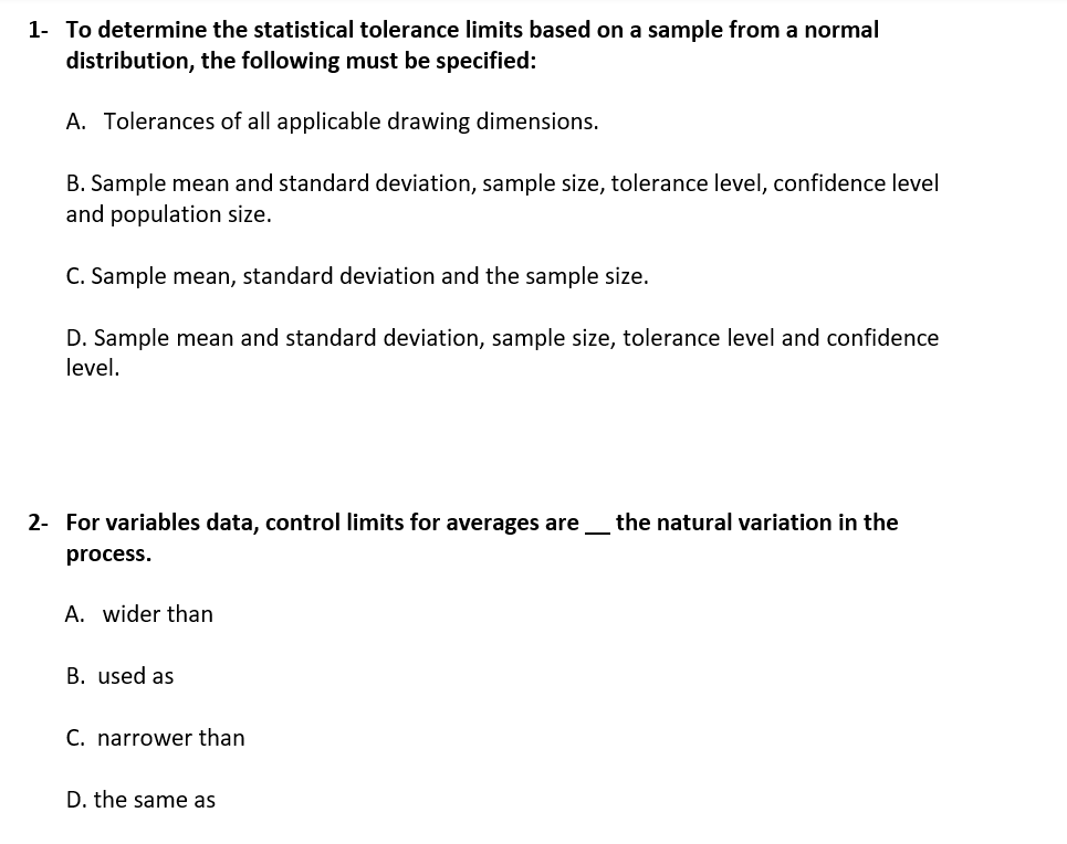 Solved 1 to determine the statistical tolerance limits chegg