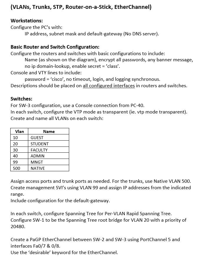 (VLANs, Trunks, STP, Router-on-a-Stick, EtherChannel) | Chegg.com