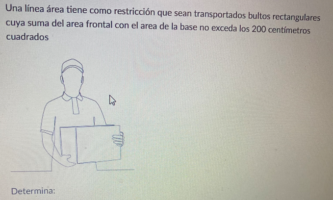 Una línea área tiene como restricción que sean transportados bultos rectangulares cuya suma del area frontal con el area de l