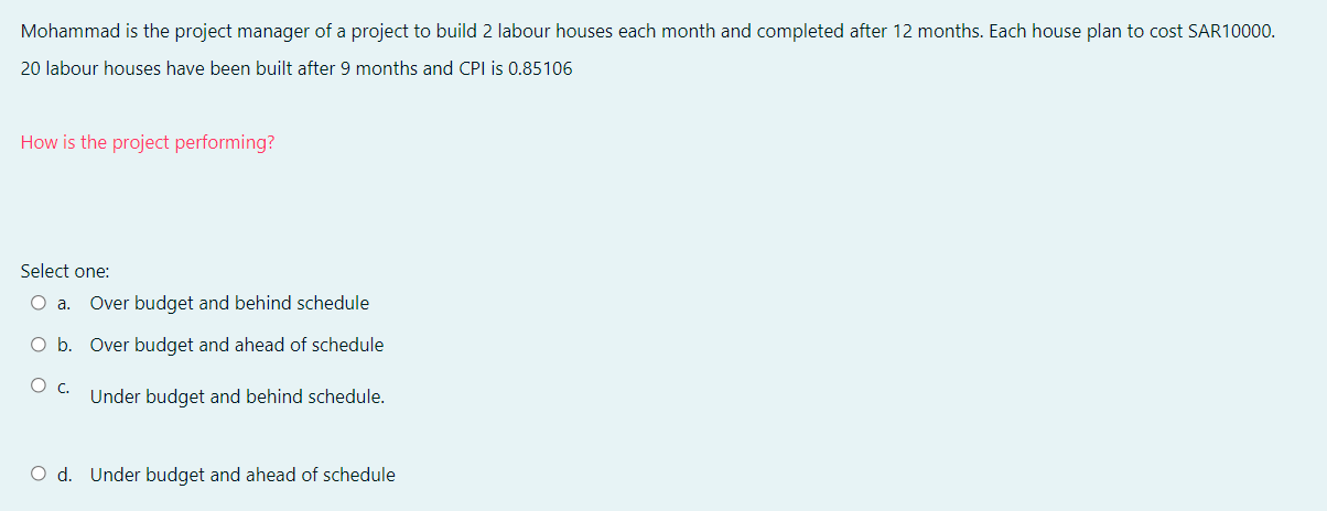 Solved Mohammad is the project manager of a project to build | Chegg.com