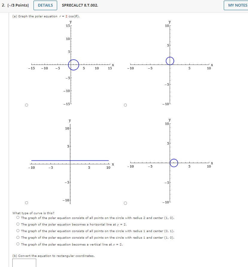 Solved (a) Graph the polar equation r=2cos(θ). What type of | Chegg.com