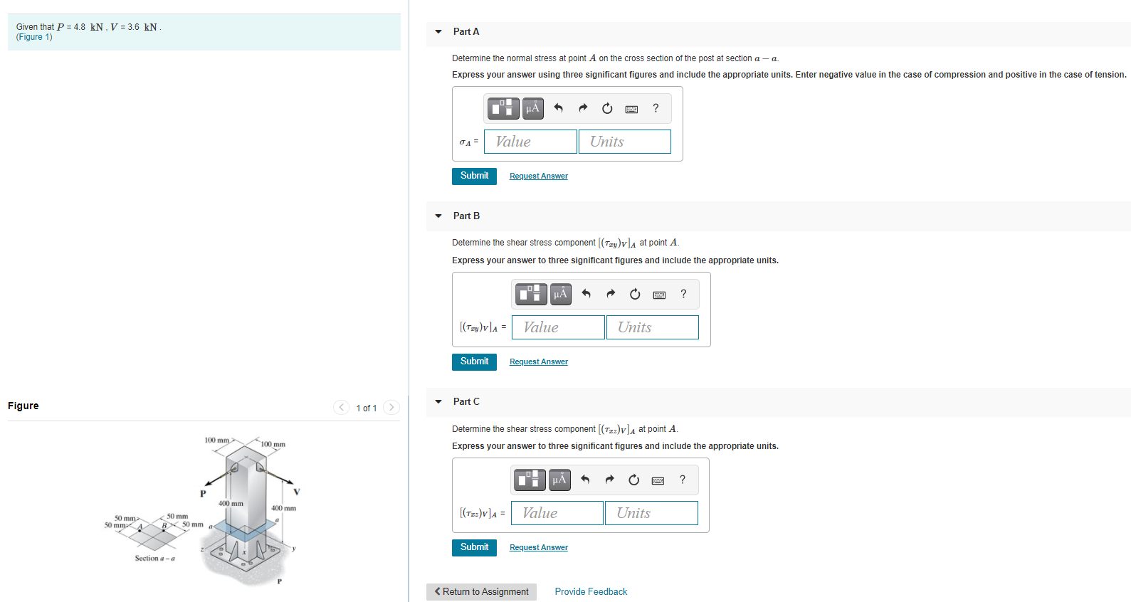 Solved Given that P = 4.8 kN, V = 3.6 kN (Figure 1) Part A | Chegg.com