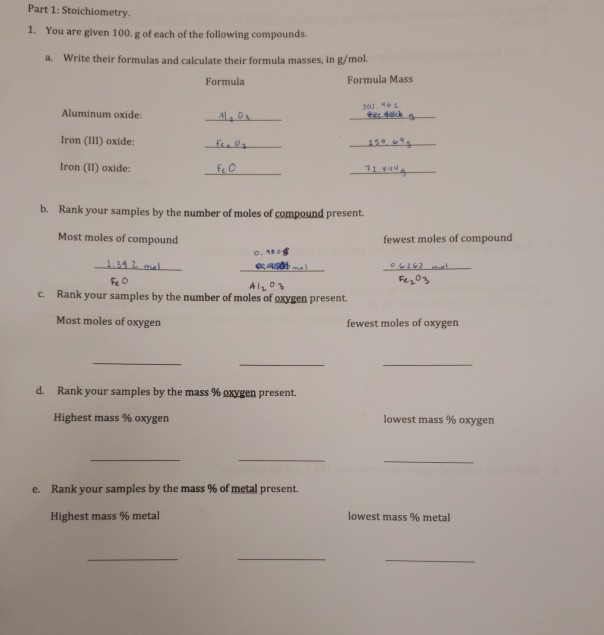 Solved Part 1: Stoichiometry. 1. You are given 100. g of | Chegg.com
