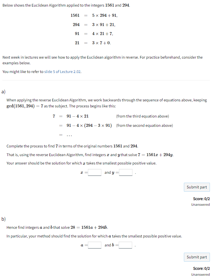 Below shows the Euclidean Algorithm applied to the | Chegg.com
