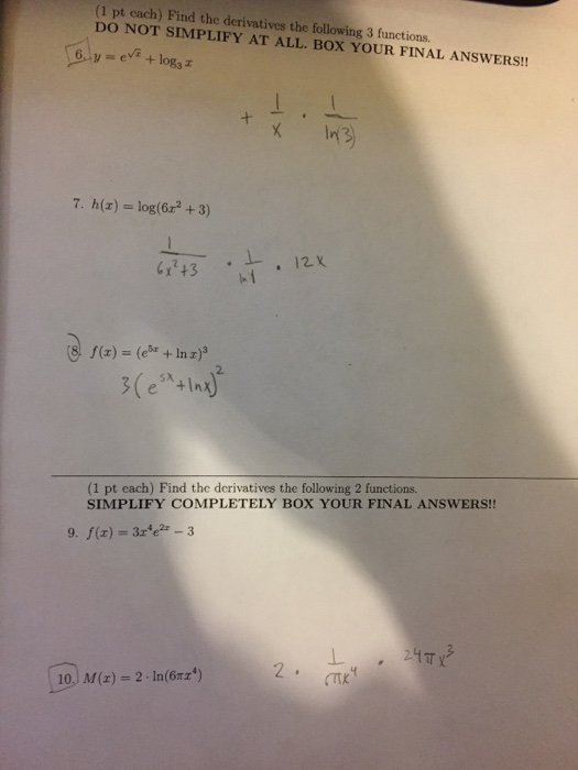 Solved (1 pt cach) Find the derivatives the following 3 | Chegg.com