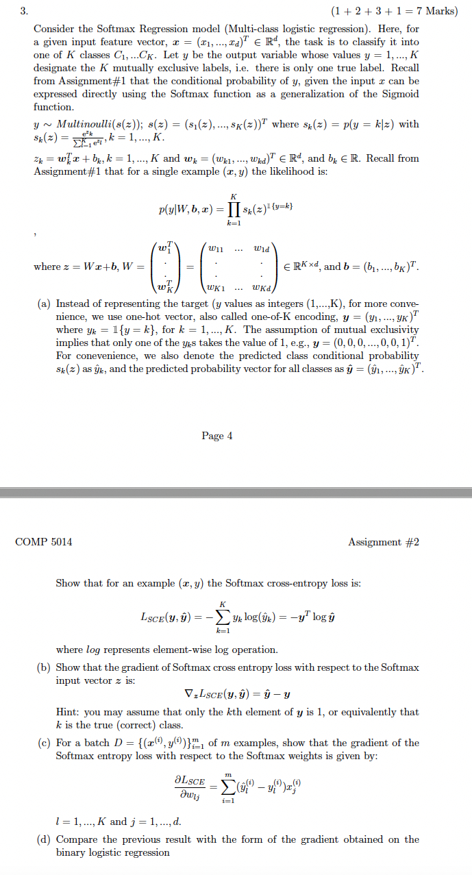 Solved 3 1 2 3 1 7 marks consider the softmax chegg