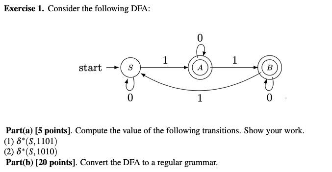 Solved Exercise 1. Consider The Following DFA: Part(a) [5 | Chegg.com