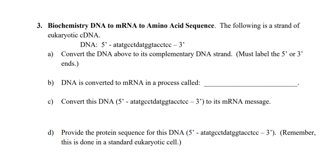 Solved 3. Biochemistry DNA to mRNA to Amino Acid Sequence. | Chegg.com