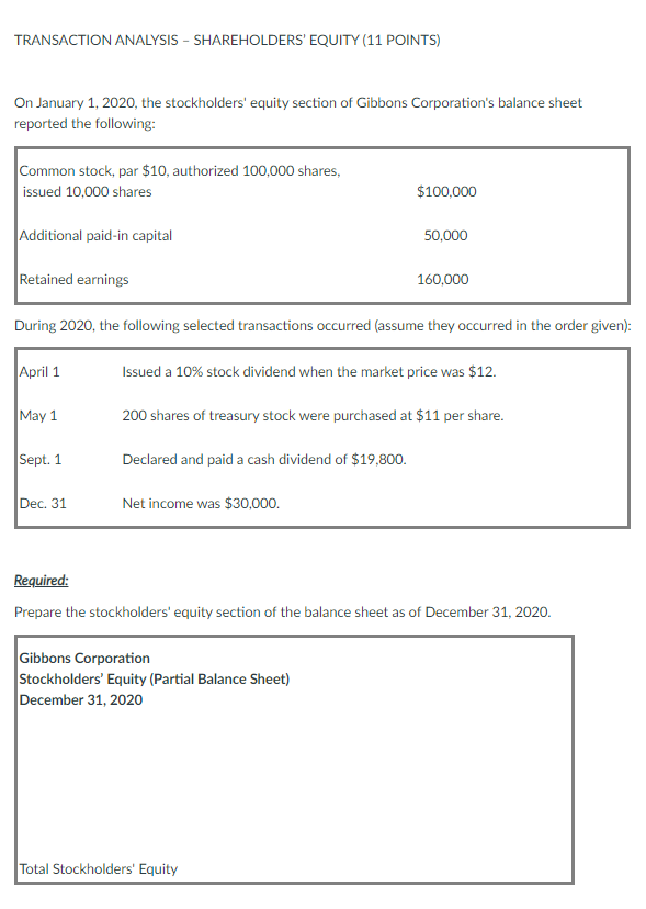 Solved TRANSACTION ANALYSIS - SHAREHOLDERS' EQUITY (11 | Chegg.com