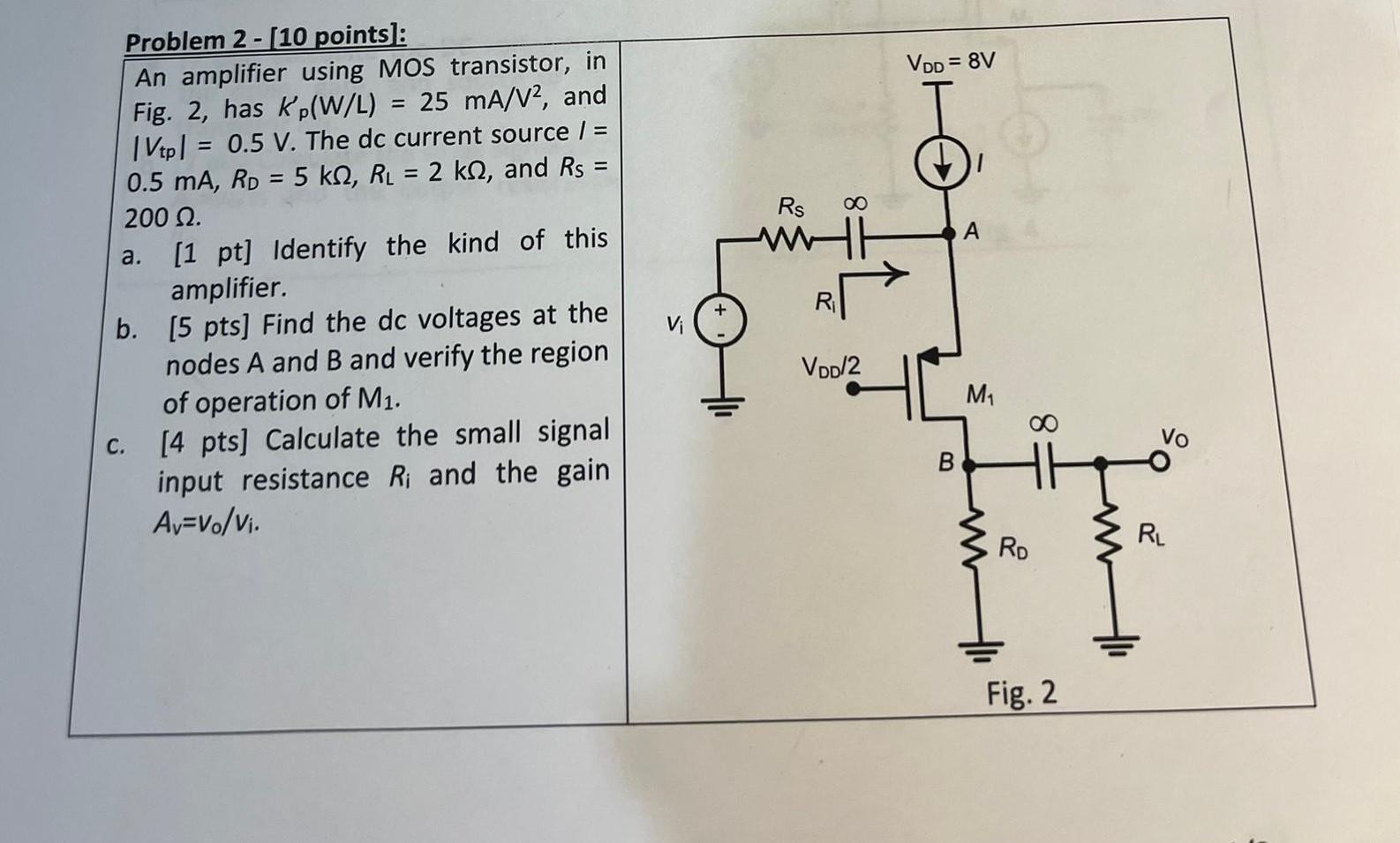 Solved An amplifier using MOS transistor, in Fig. 2, has | Chegg.com