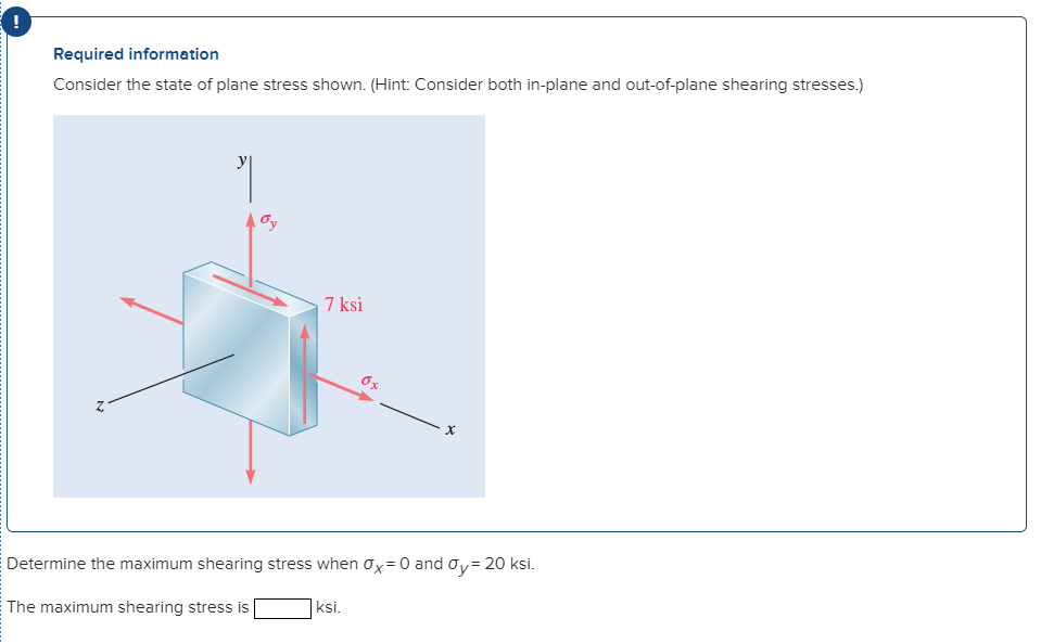 Required information Consider the state of plane stress shown. (Hint
