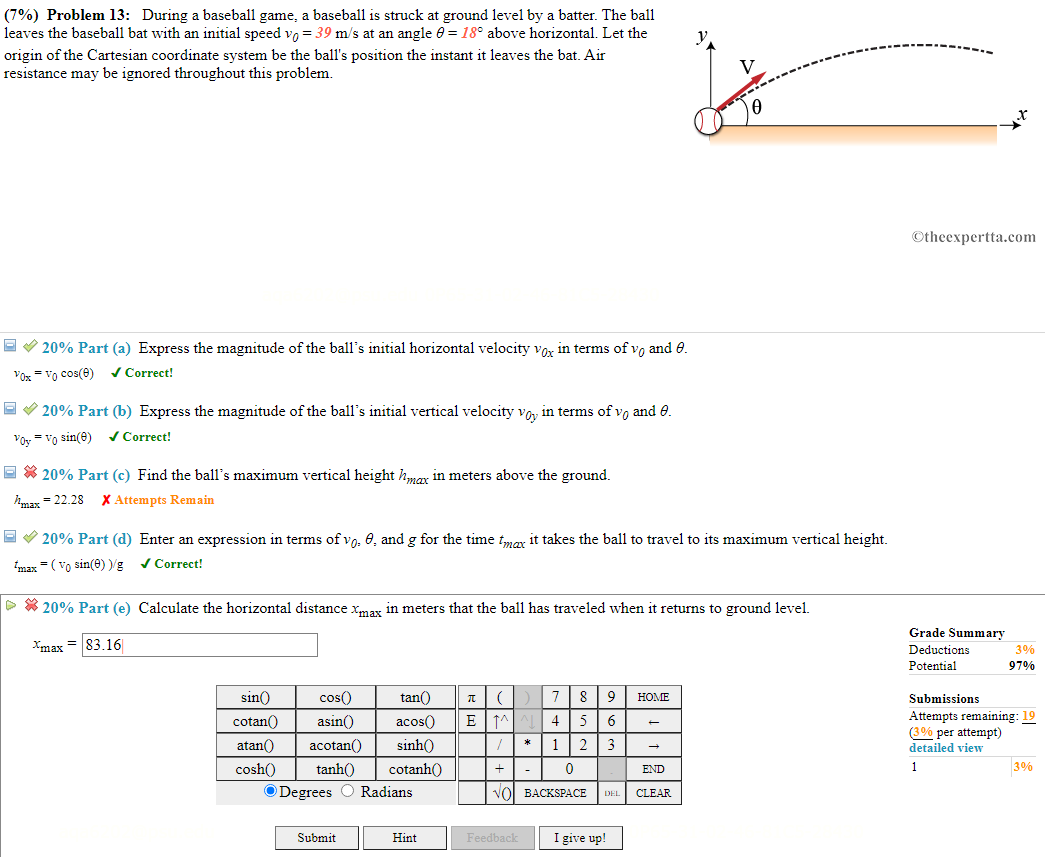 Solved (7) Problem 13 During a baseball game, a baseball