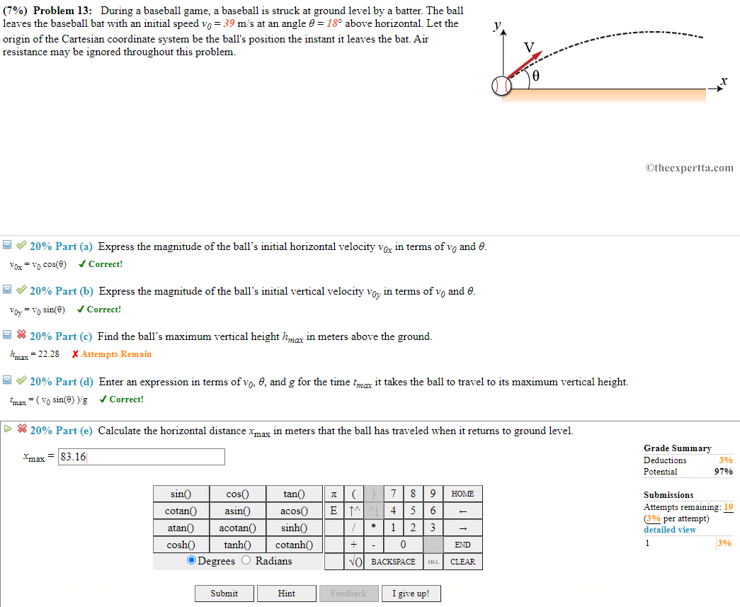 Solved (7%) Problem 13: During A Baseball Game, A Baseball | Chegg.com